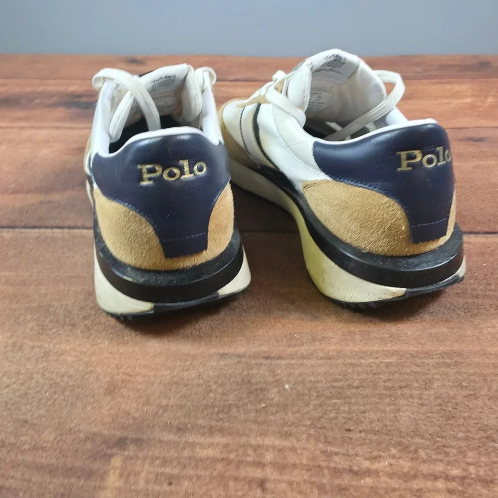Polo Ralph Lauren Train 85 Sneaker Mens 11 Cream Tan Good Suede Nylon Runner
